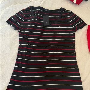 Tommy Hilfiger Women's Black Tee with Red and White Stripes